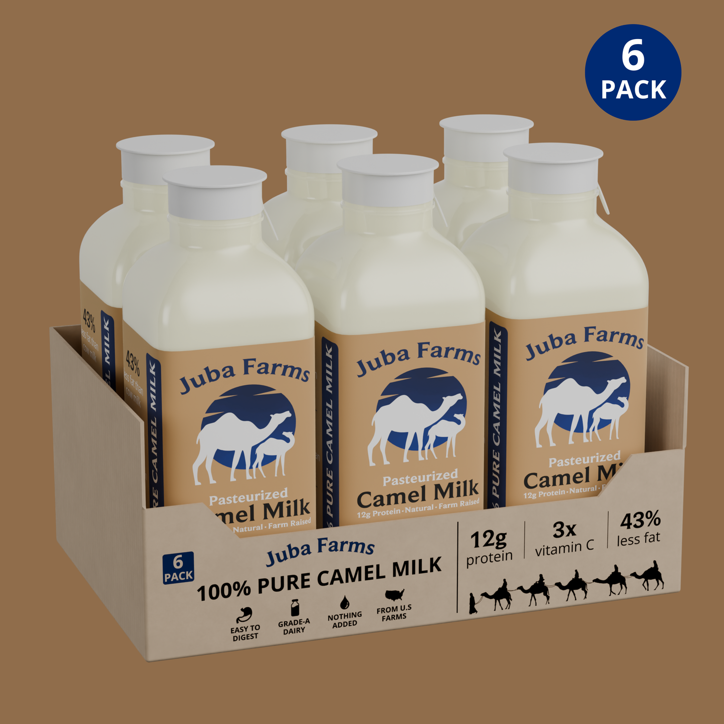 Six 16 oz bottles of Juba Farms camel milk in a pack, showcasing the creamy, fresh camel milk product.