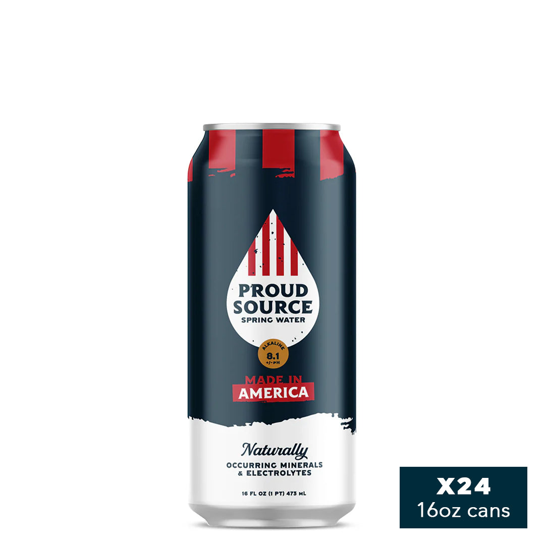 16 oz Made in America alkaline spring water can by PROUD SOURCE WATER, showing the can with vibrant branding and spring imagery.