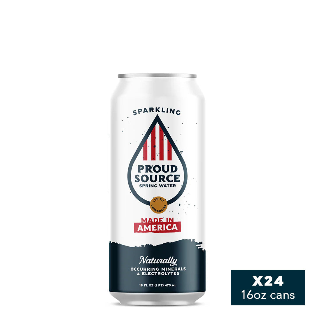 16 oz cans of Proud Source Water sparkling spring water, made in America, with clear sparkling water inside.