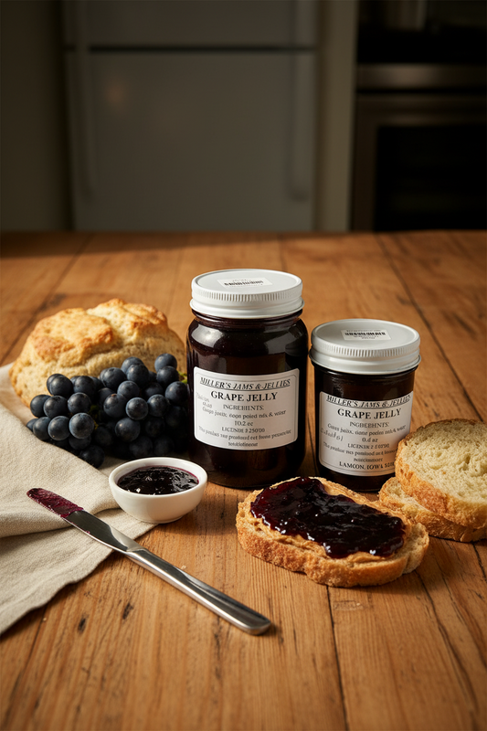 Jar of Miller's Grape Jelly, Amish jam from Amish Country Store, with purple jelly inside and a label on a wooden background.
