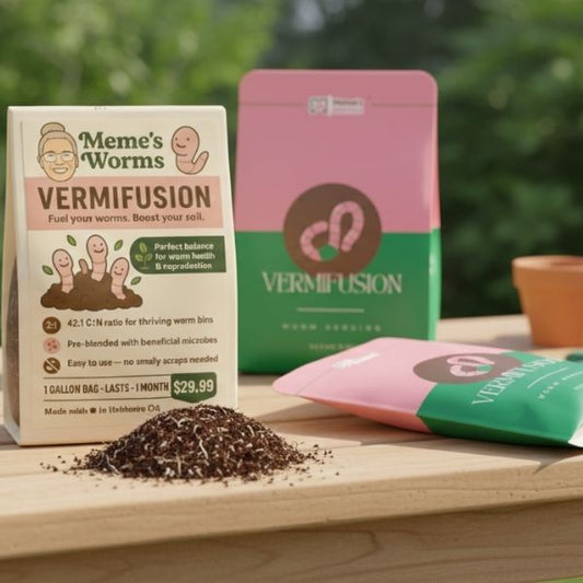 Memes Worms VermiFusion Blend worm bedding in a worm bin, showing moist organic bedding with worms and composting material.