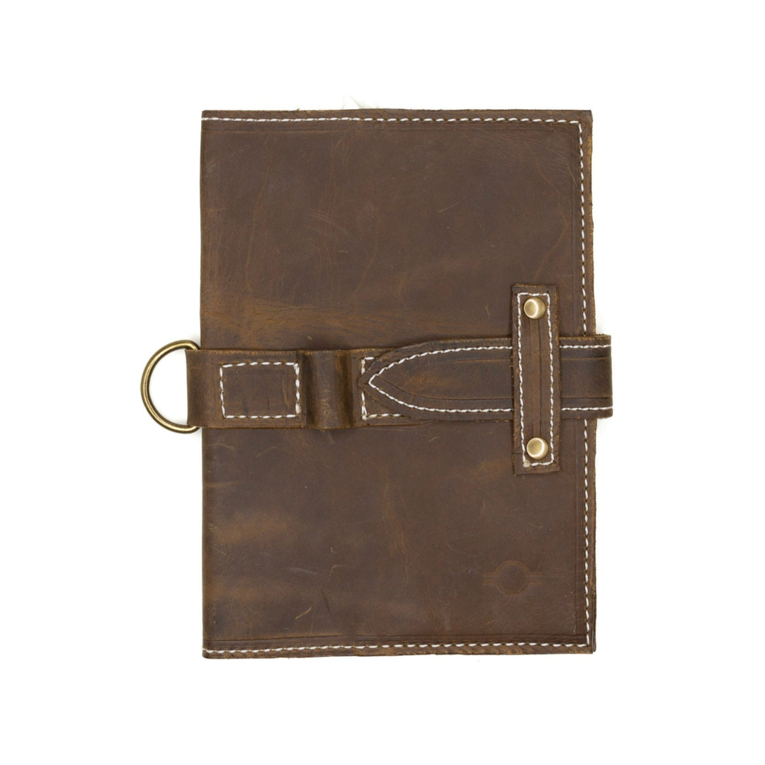 Mini journal cover in tobacco color by Rebekah Scott Designs, featuring textured leather with stitched edges.