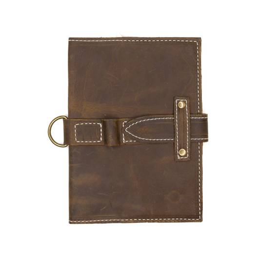 Mini journal cover in tobacco color by Rebekah Scott Designs, featuring textured leather with stitched edges.