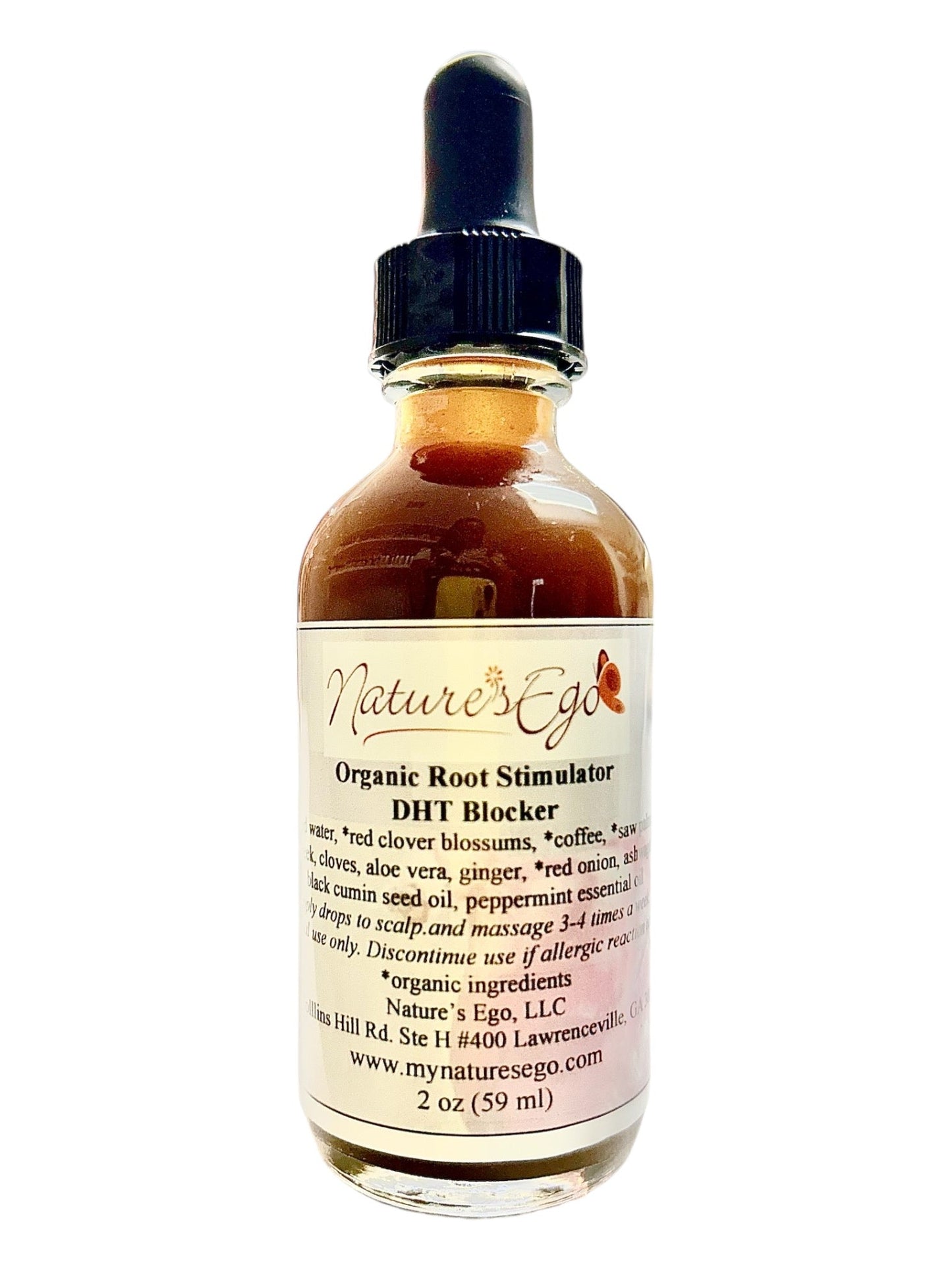 NaturesEgo Organic Root Stimulator bottle with label, designed to promote healthy hair growth and root strength.