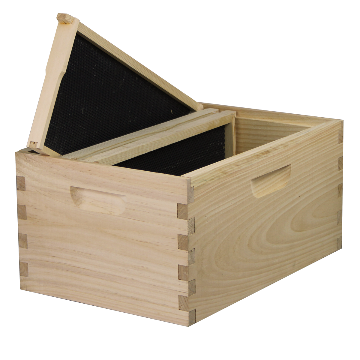 Amish-made Galena Farms 8-frame beehive starter kit with a full hive and propped frame for beekeeping.