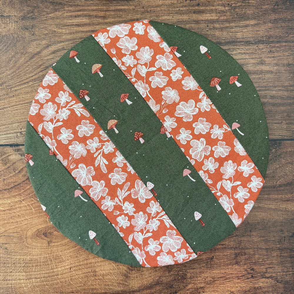 Medium bowl and banneton covers from Five Oaks Farm, used for bread proofing and dough rising, with fabric covers visible.