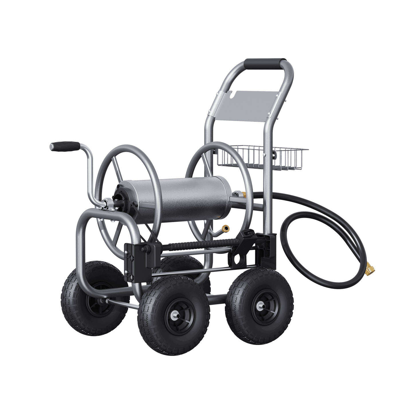 Giraffe Tools US heavy-duty manual crank garden hose reel cart with four wheels, durable and easy to maneuver for garden watering.