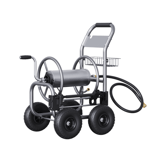 Giraffe Tools US heavy-duty manual crank garden hose reel cart with four wheels, durable and easy to maneuver for garden watering.