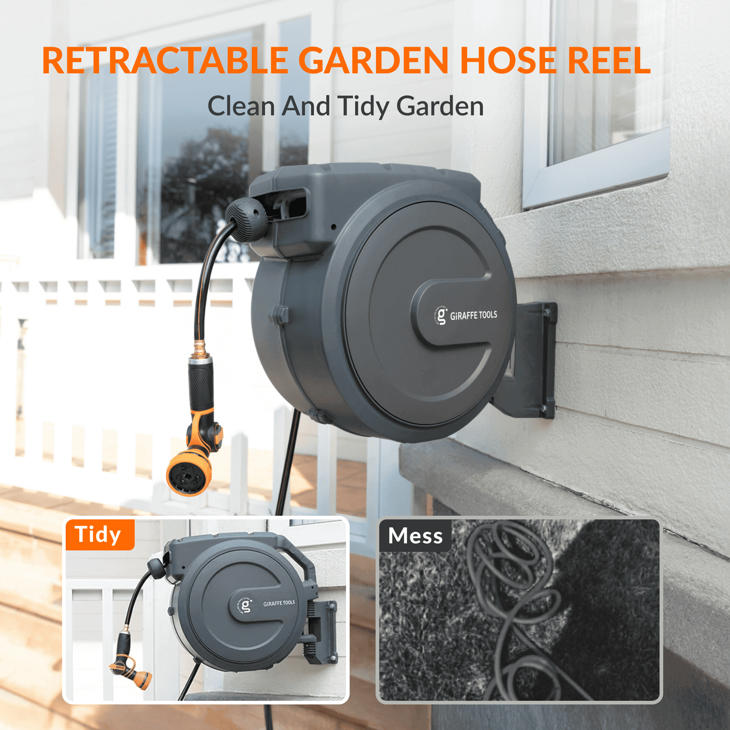 Giraffe Tools US retractable garden hose reel with 5/8 inch, 115 feet hose, mounted on a garden wall for easy watering.