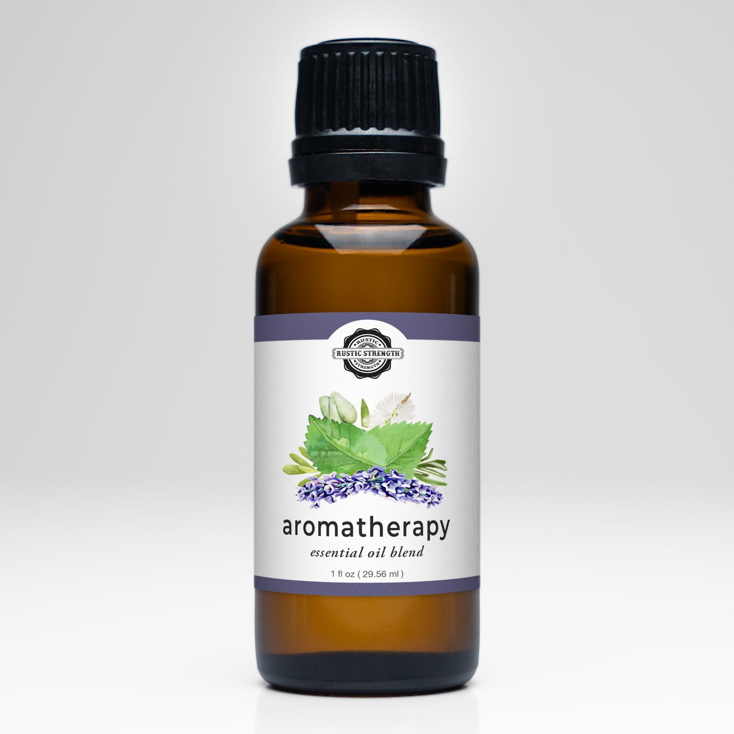 A Rustic Strength Aromatherapy Blend of Essential Oil in an amber glass bottle with a black cap. The white label shows green leaves and purple flowers, evoking soothing lavender. The bottle is photographed against a plain white background.