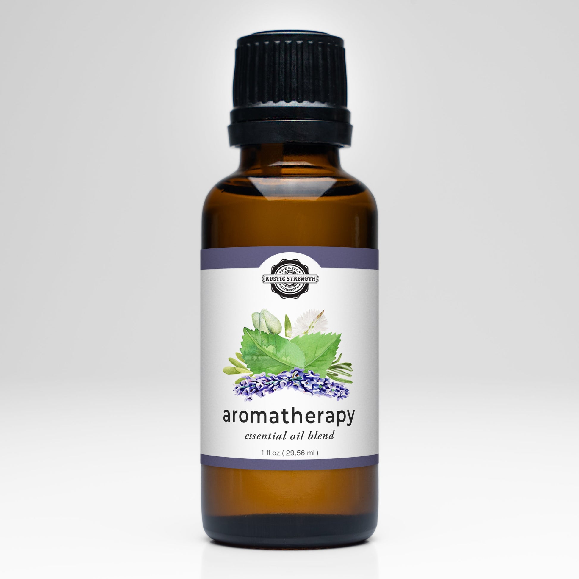A Rustic Strength Aromatherapy Blend of Essential Oil in an amber glass bottle with a black cap. The white label shows green leaves and purple flowers, evoking soothing lavender. The bottle is photographed against a plain white background.