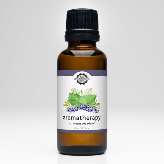 A Rustic Strength Aromatherapy Blend of Essential Oil in an amber glass bottle with a black cap. The white label shows green leaves and purple flowers, evoking soothing lavender. The bottle is photographed against a plain white background.