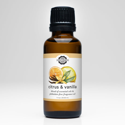 Rustic Strength’s Citrus & Vanilla EO / FO Blend comes in an amber glass bottle with a black cap. The label shows orange, lemon, and vanilla pod illustrations. Contains essential oils and phthalate-free fragrance oil; perfect for aromatherapy.