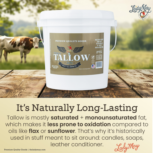 Lady May Tallow unscented bulk beef tallow block, 16 pounds of natural, pure beef fat in a large container.