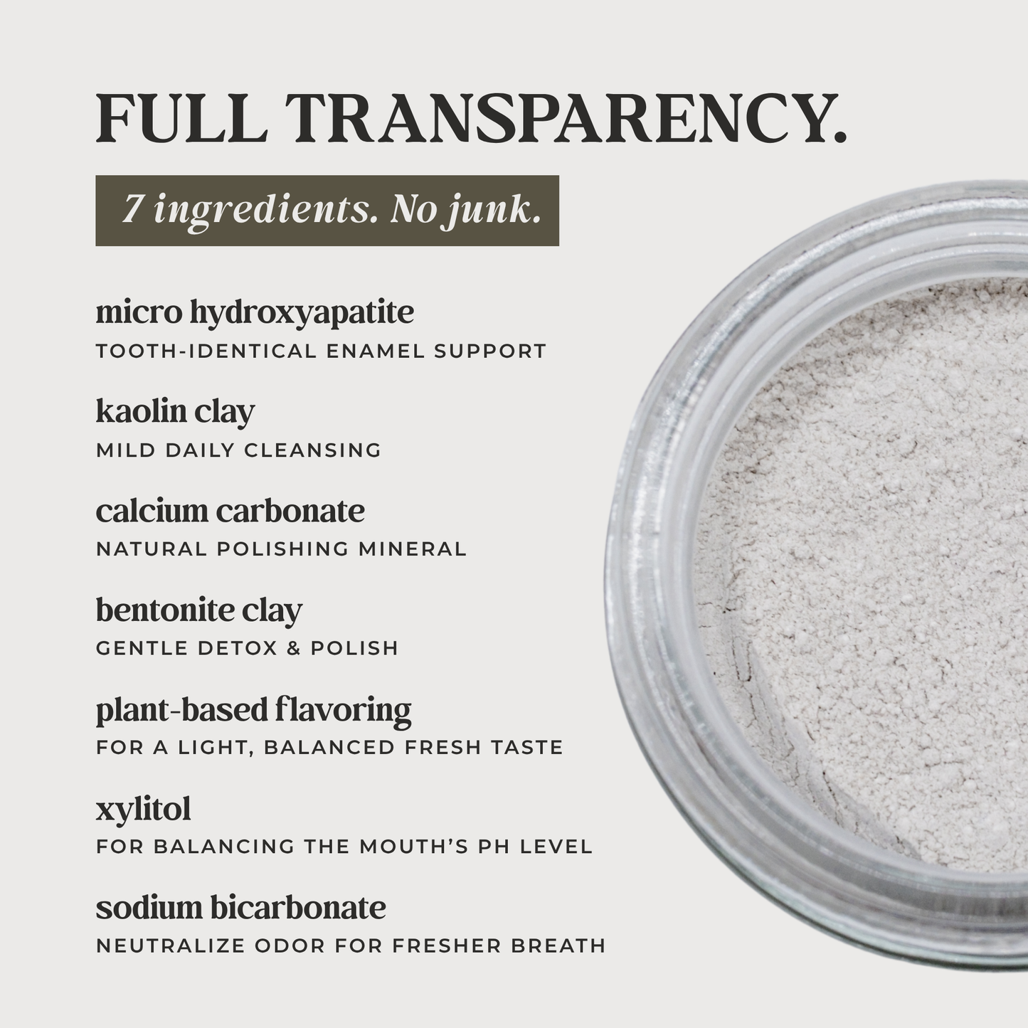 Remineralizing tooth powder with hydroxyapatite and xylitol by Revive Homestead, showing the powder in a glass jar with scoops.