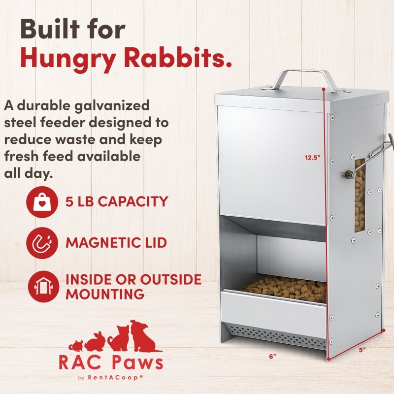 RentACoop RAC Paws 5 lb metal trough feeder for small animals like rabbits, guinea pigs, and ferrets, with a durable design.