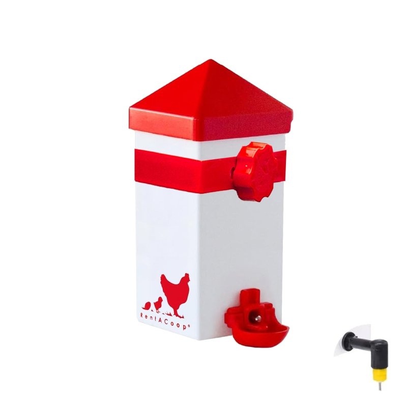 RentACoop 32oz Drinker Plus with 2 versatile nipples for chicks, quail, pigeons, and small birds, ideal for watering and feeding.