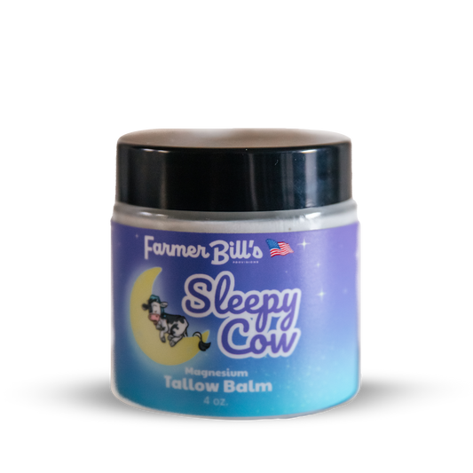 Farmer Bill's Provisions Sleepy Cow Magnesium Tallow Balm 4 oz bundle item in a jar with a natural label and creamy texture.