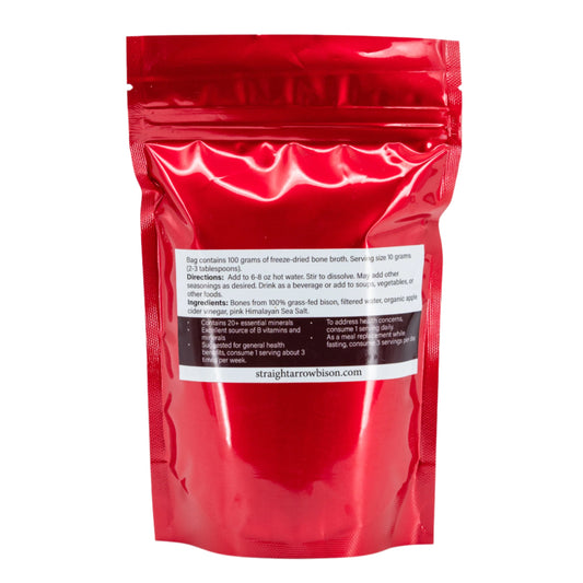Freeze dried Bison Bone Broth by Straight Arrow Bison, 100g, rich in vitamins and minerals, ideal for nutritious food options.