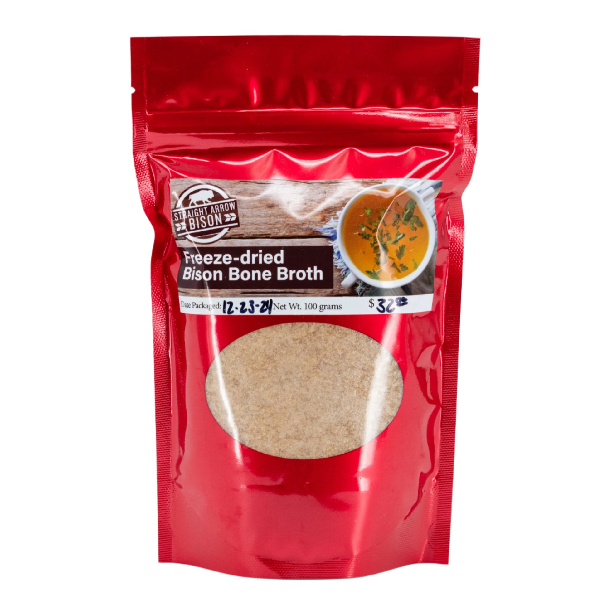 Freeze dried bison bone broth by Straight Arrow Bison, 100 grams, rich in 20+ vitamins and minerals, in a clear food package.