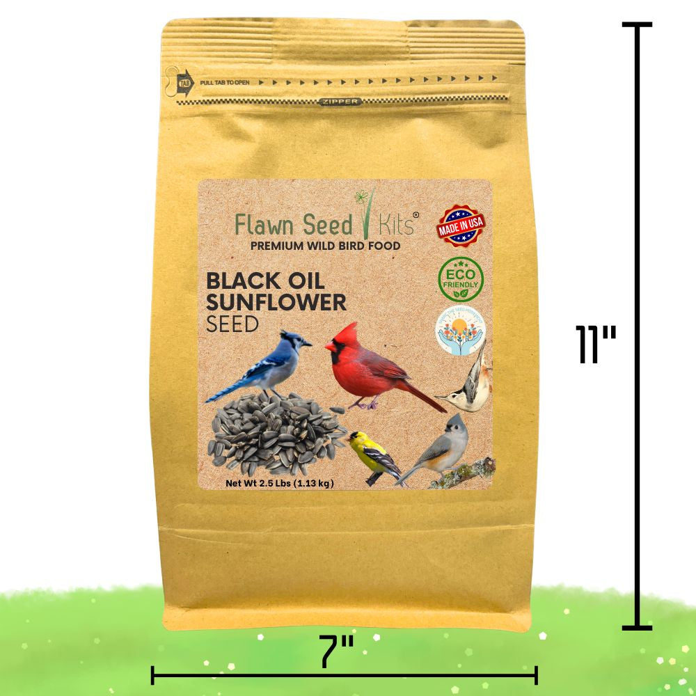 Premium black oil sunflower wild bird seed in a 2.5lb pouch by Flawn Seed Kits, perfect for attracting wild birds to feeders.