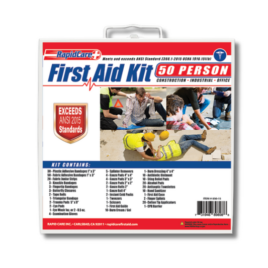 Small 50-person first aid kit by Rapid Care First Aid with 247 medical supplies in a compact metal container.