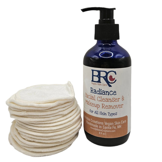By Robin Creations Radiance Facial Cleanser and Makeup Remover Pads for all skin types, shown in a close-up image.