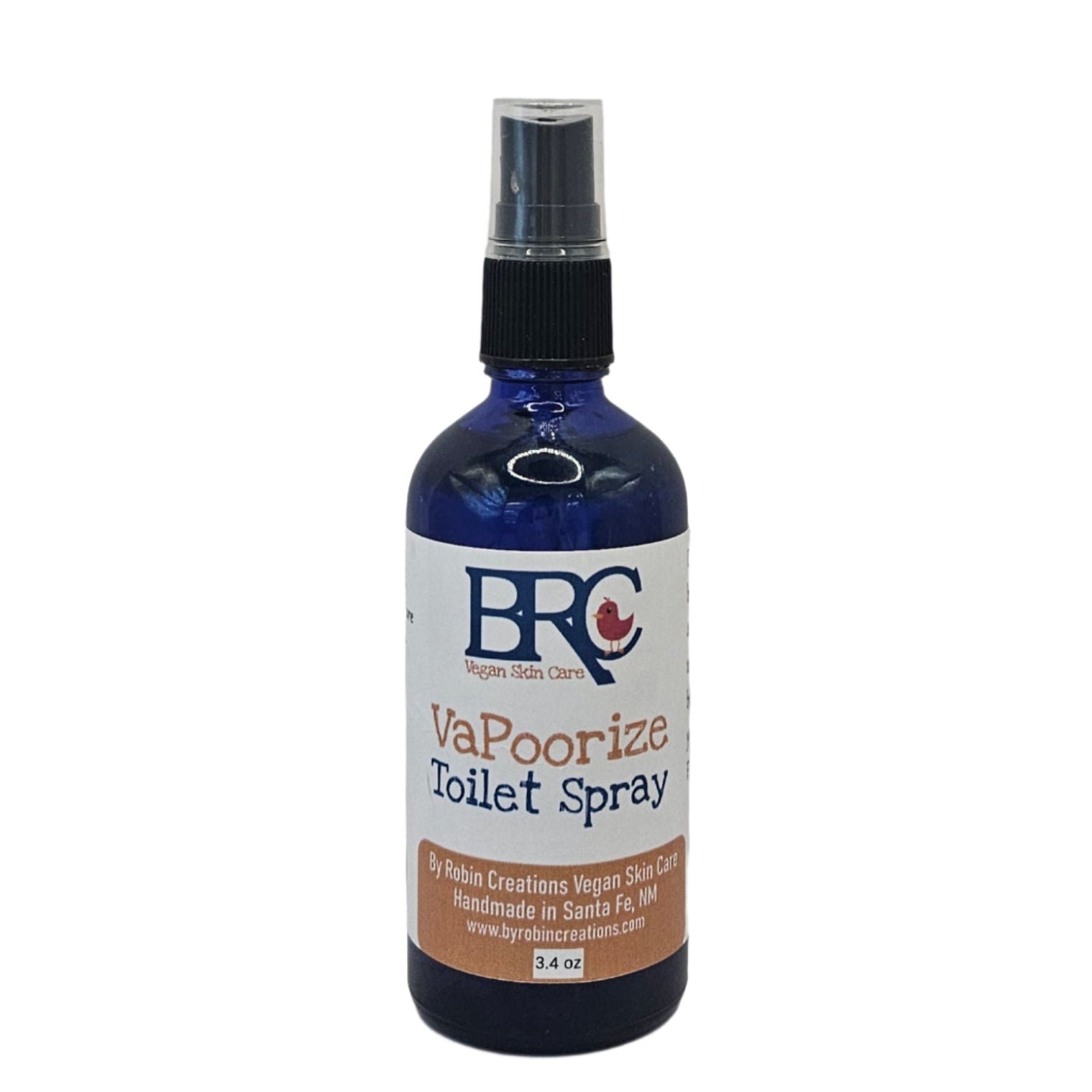 By Robin Creations VaPoorize "Use Before You Poo" toilet spray bottle with label and spray nozzle visible.