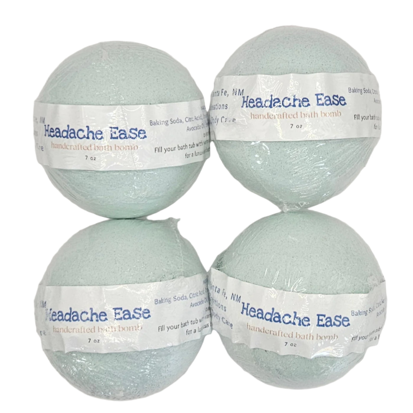 By Robin Creations headache and migraine relief bath fizzies, colorful bath additive with soothing ingredients in a clear jar.
