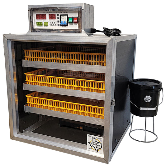 Pro264 USA-made cabinet incubator and egg hatcher for chicken, duck, goose, and pheasant eggs, shown with digital controls.