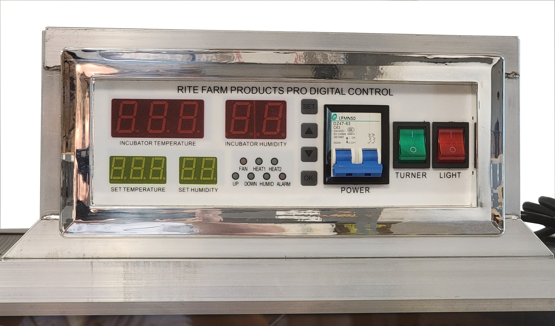 USA-made Rite Farm Products PRO264 cabinet incubator and egg hatcher for chicken, duck, goose, and pheasant eggs, with digital controls.