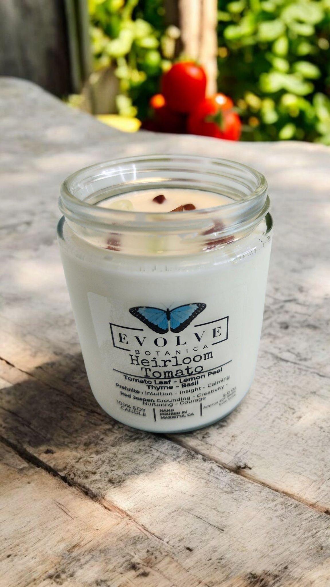 Classic 9oz Jam Jar Crystal Soy Candle - Heirloom Tomato (Prehnite & Red Jasper)