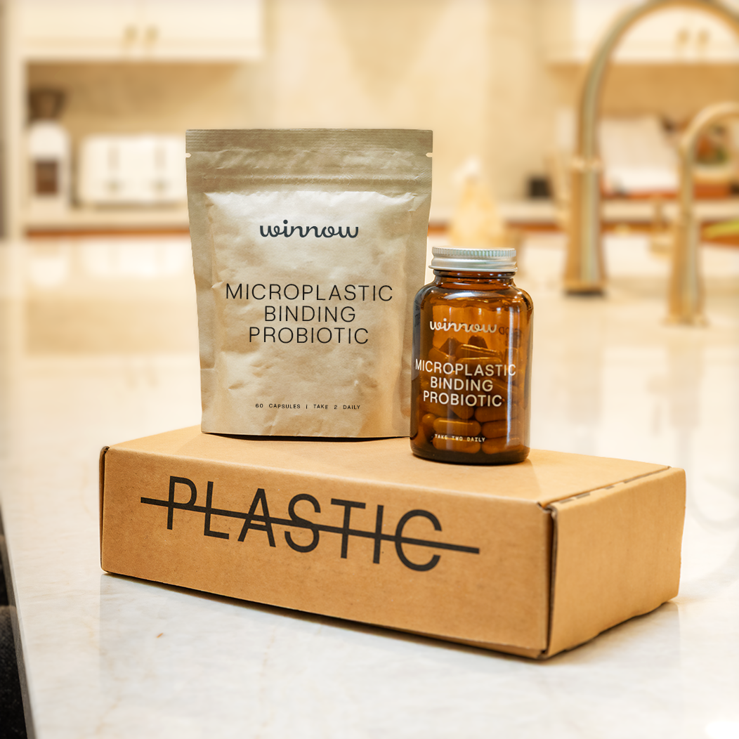 Winnow Daily Probiotic Starter Pack with supplement bottles and packaging, featuring label details and product branding.