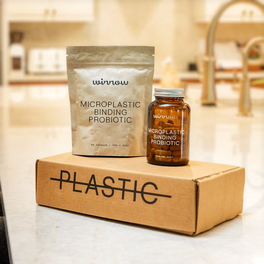 Winnow Daily Probiotic Starter Pack with supplement bottles and packaging, featuring label details and product branding.