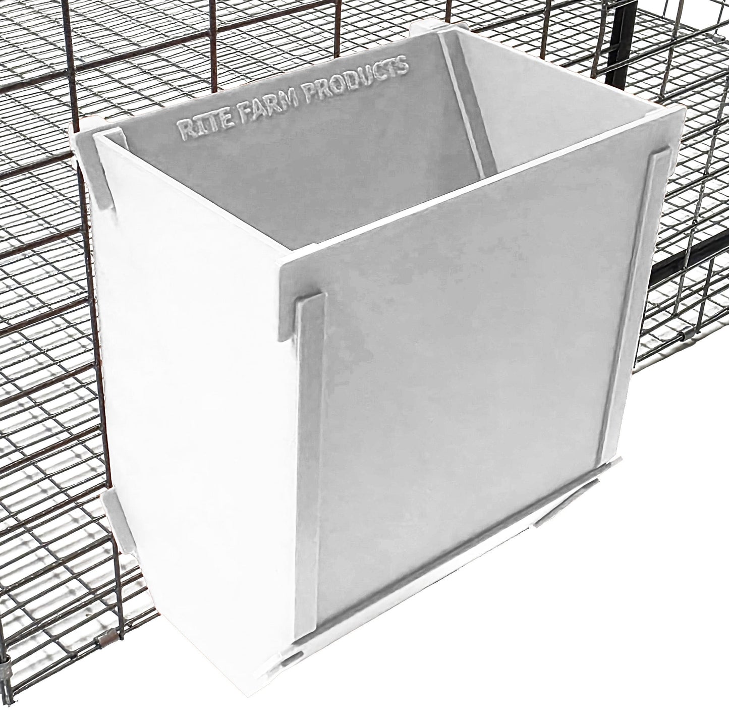 White 6-inch cage hanging rabbit feeder with ID tag and sifter base, suitable for rabbit, ferret, chinchilla, and guinea pig supplies.
