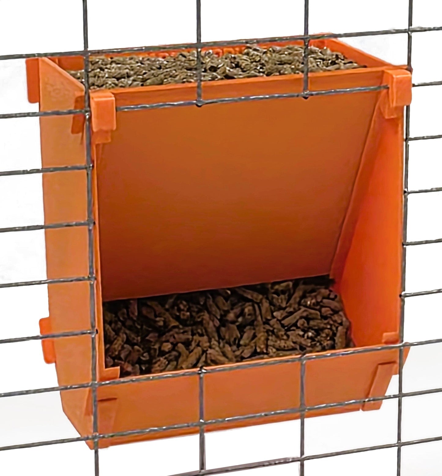 Texas USA made 6-inch hanging rabbit feeder with sifter base and ID tag, suitable for rabbit, ferret, chinchilla, and guinea pig supplies