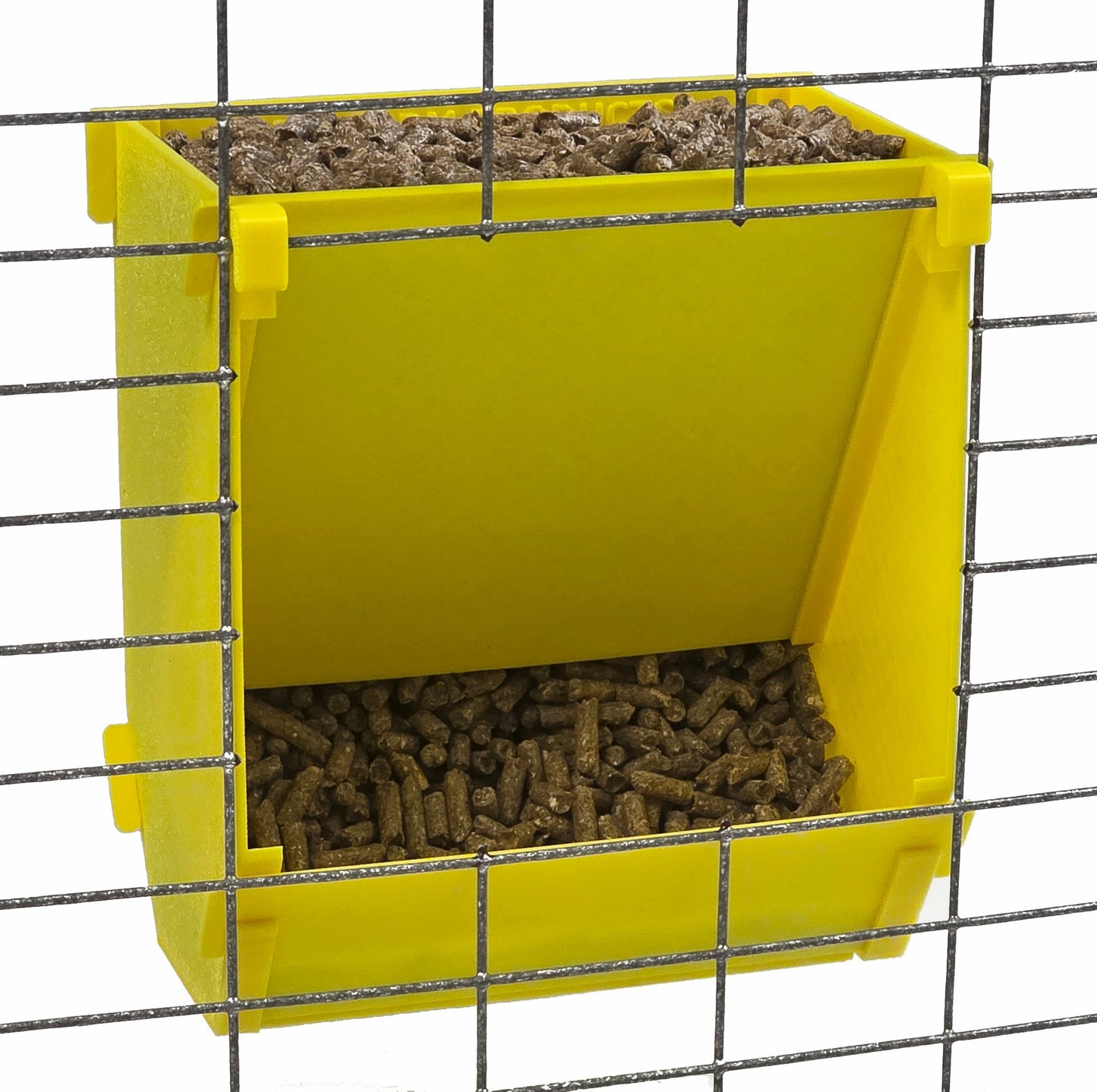 Texas-made 6-inch hanging rabbit feeder with sifter base and ID tag, suitable for rabbits, ferrets, chinchillas, and guinea pigs.