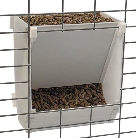 Texas USA made 6-inch hanging rabbit feeder with sifter base and ID tag, suitable for rabbit, ferret, chinchilla, and guinea pig feed.
