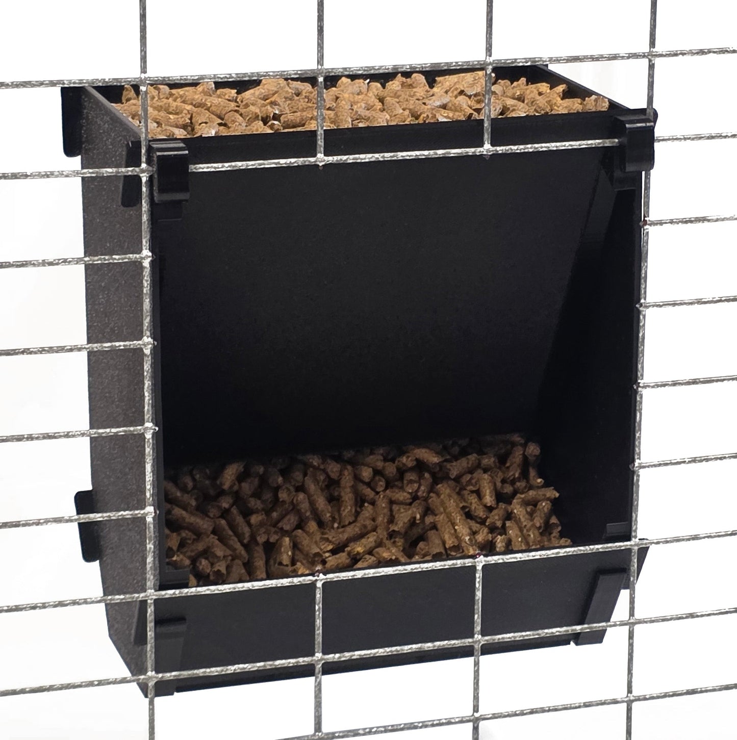 Texas-made 6-inch hanging rabbit feeder with sifter base, ID tag, suitable for rabbits, ferrets, chinchillas, and guinea pigs.