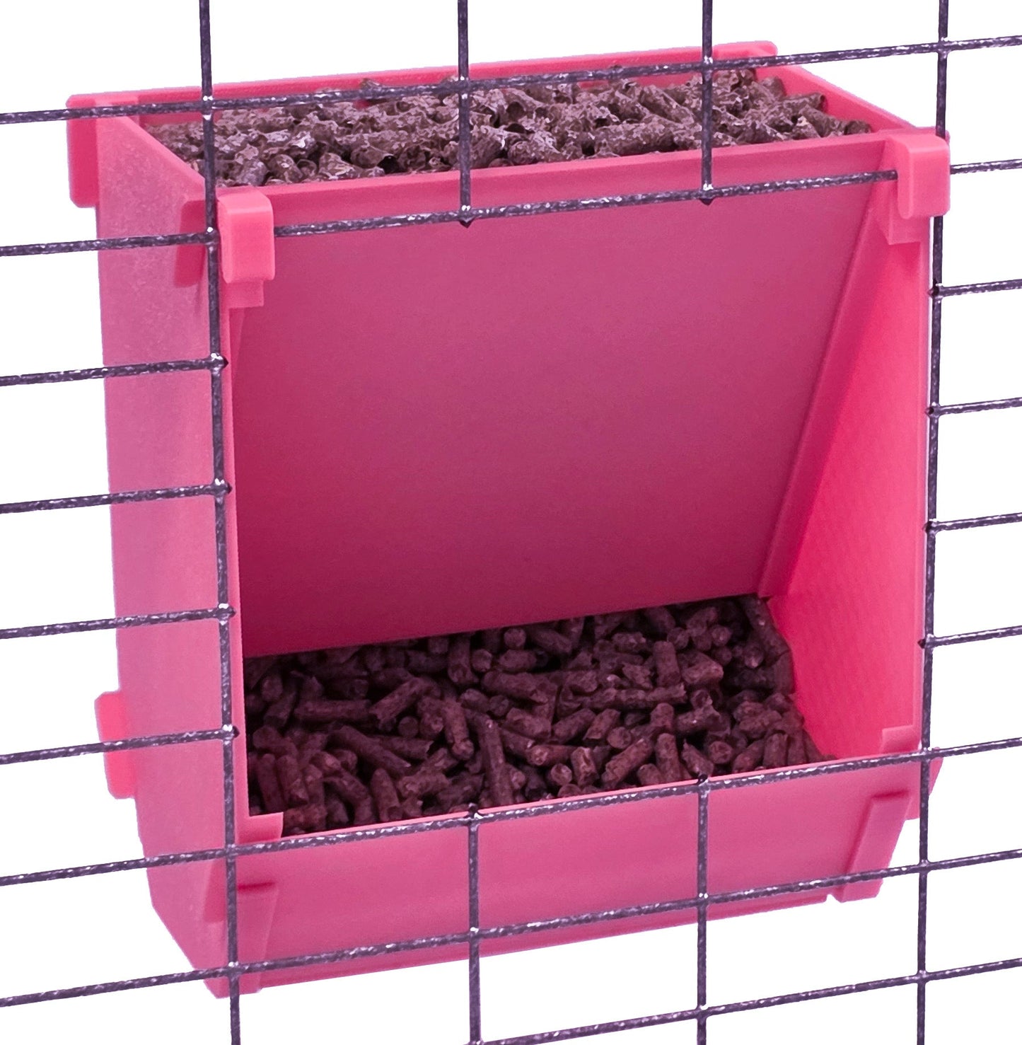 Texas USA made 6-inch cage hanging rabbit feeder with sifter base, suitable for rabbit, ferret, chinchilla, and guinea pig supplies.