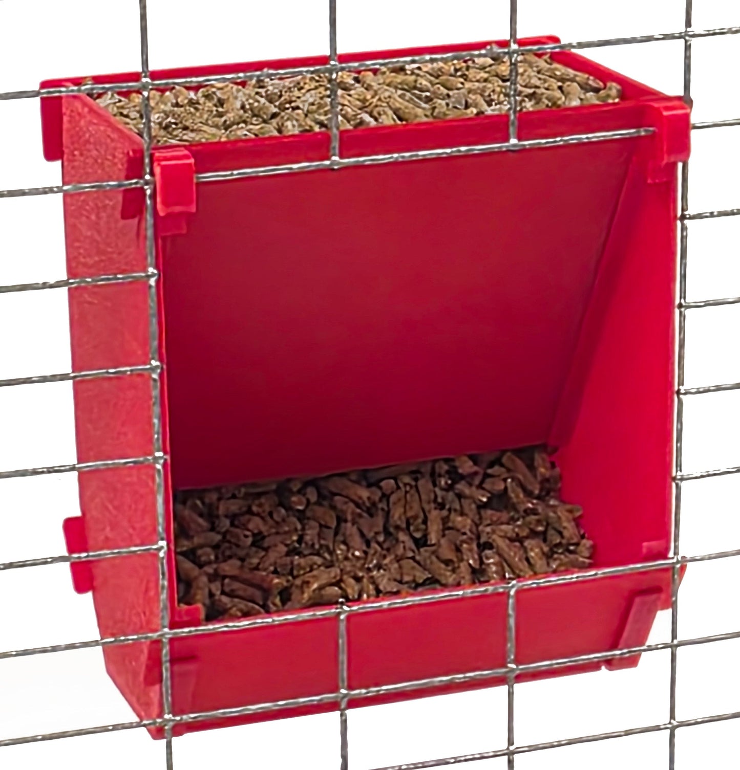 Texas-made 6-inch hanging rabbit feeder with sifter base and ID tag, suitable for rabbit, ferret, chinchilla, and guinea pig diets.