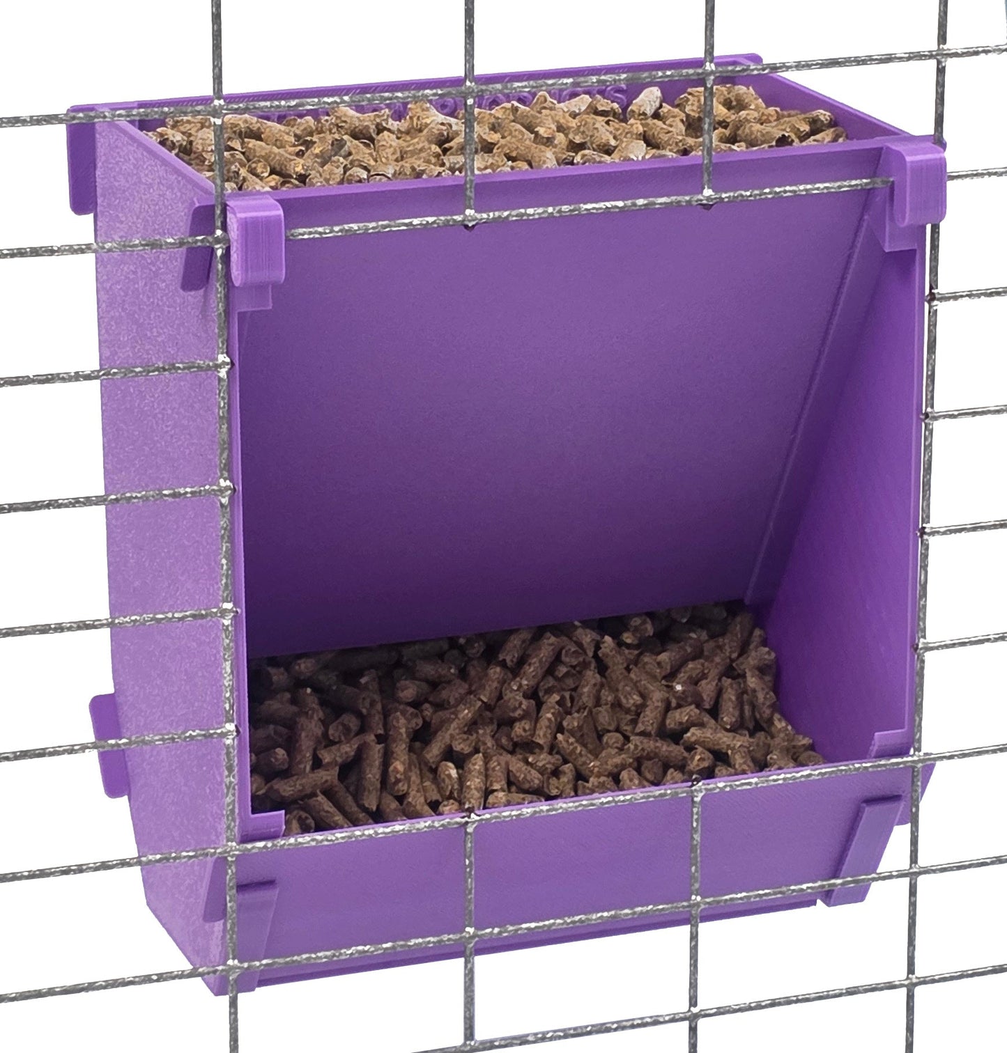Texas-made 6-inch hanging rabbit feeder with sifter base and ID tag, suitable for rabbits, ferrets, chinchillas, and guinea pigs.