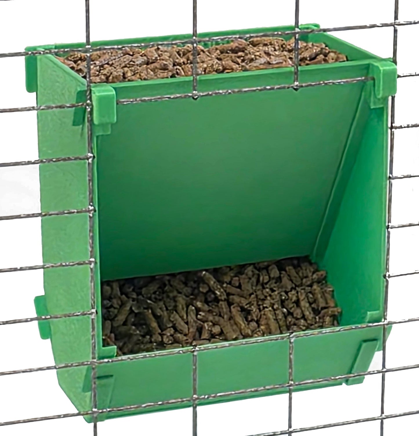 Texas USA made 6-inch hanging rabbit feeder with sifter base and ID tag, suitable for rabbit, ferret, chinchilla, and guinea pig supplies.