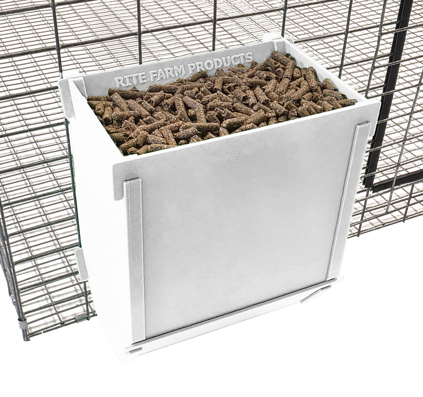 White Texas USA-made 6-inch hanging rabbit feeder with sifter base and ID tag for rabbit, ferret, chinchilla, and guinea pig supplies.