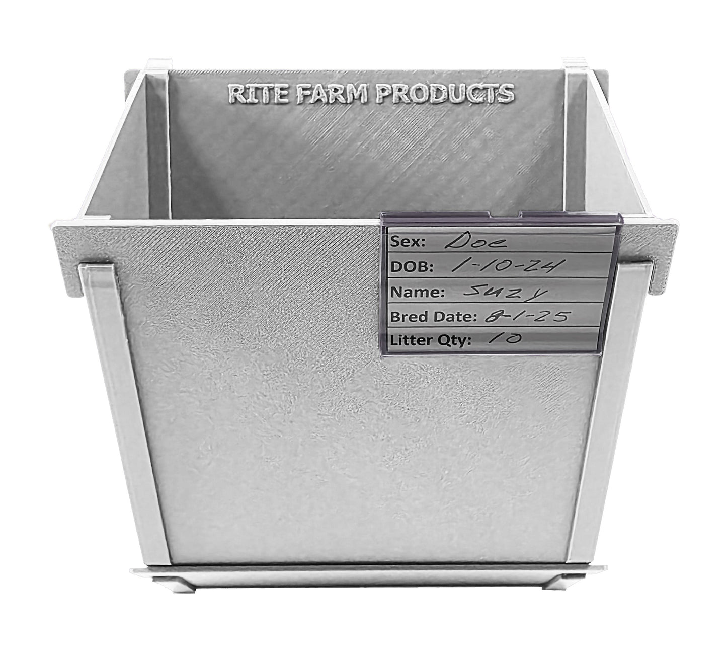 White Texas-made 6-inch hanging rabbit feeder with sifter base, includes ID tag, suitable for rabbits, ferrets, chinchillas, and guinea pigs.