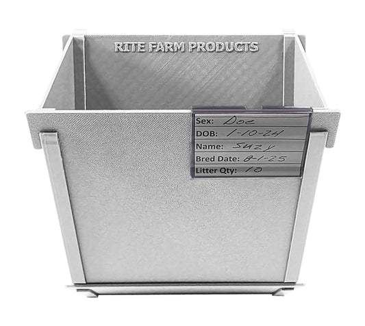 White Texas-made 6-inch hanging rabbit feeder with sifter base, includes ID tag, suitable for rabbits, ferrets, chinchillas, and guinea pigs.