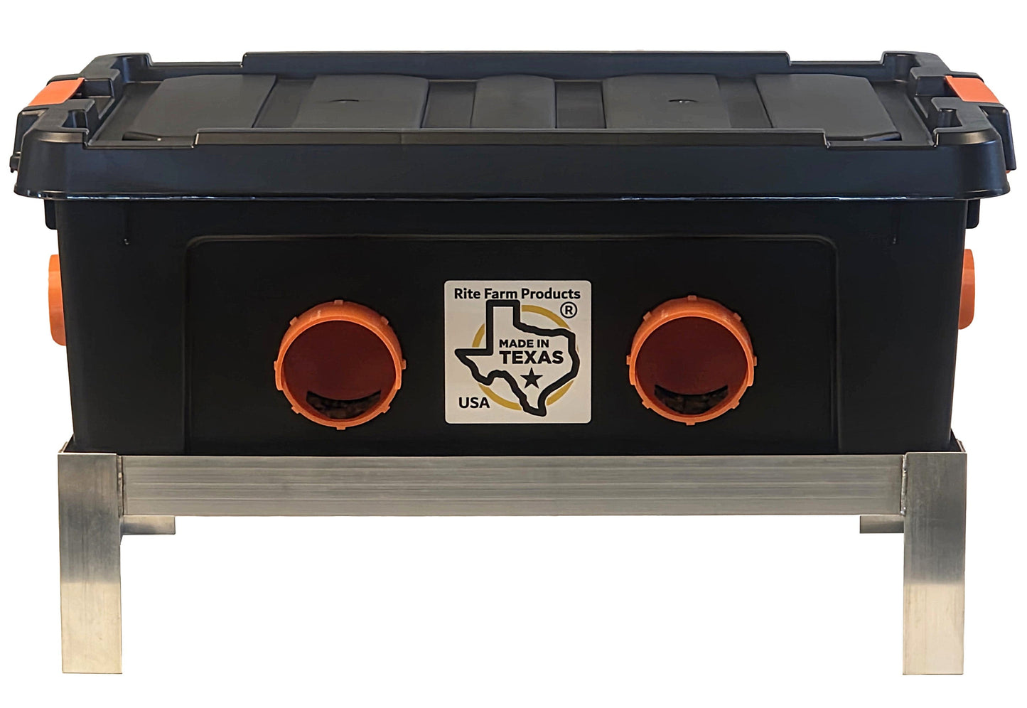 USA-made 50lb capacity 6-port automatic chicken feeder with welded aluminum stand, suitable for poultry like chickens, ducks, geese, and pheasants.