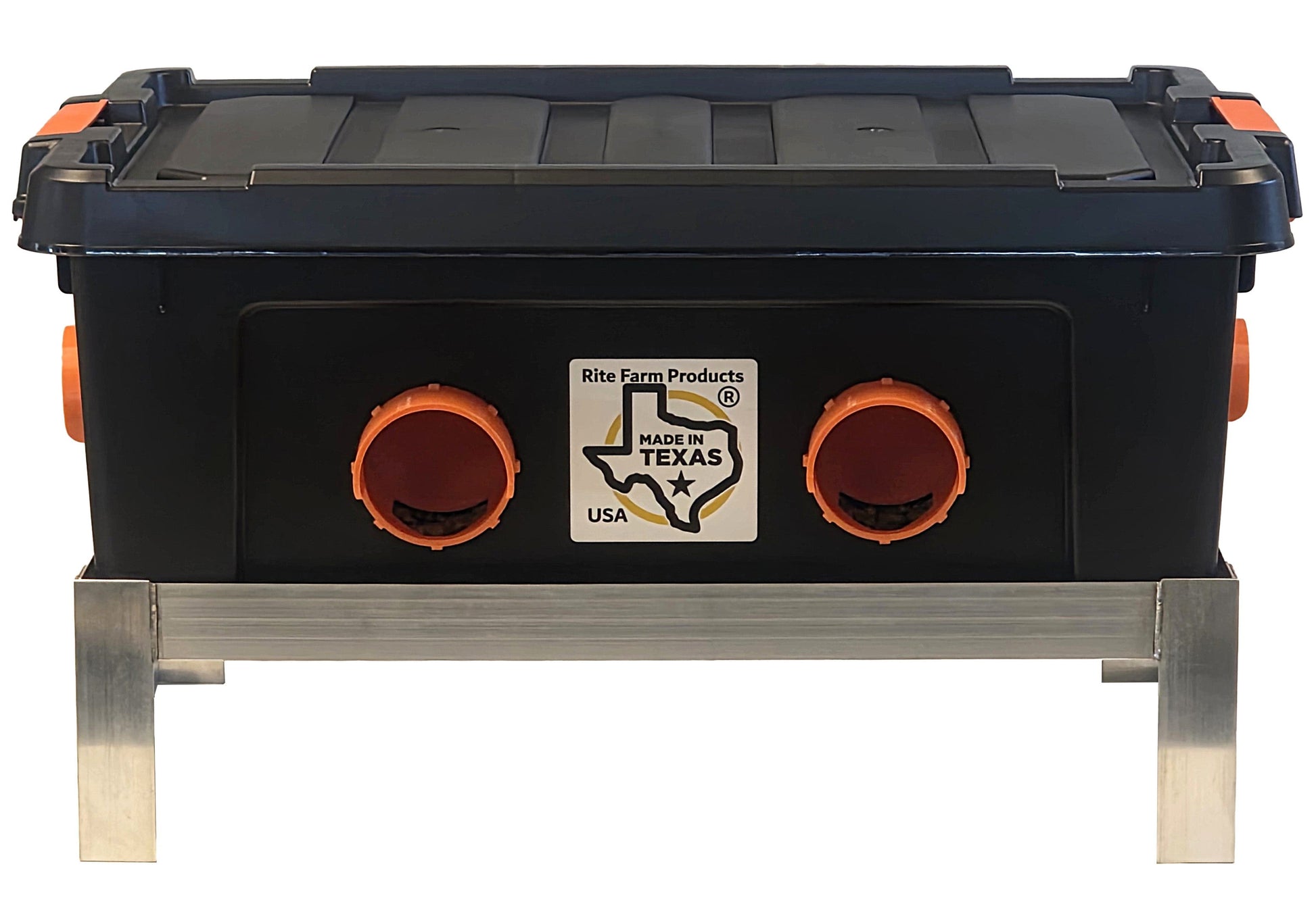 USA-made 50lb capacity 6-port automatic chicken feeder with welded aluminum stand, suitable for poultry like chickens, ducks, geese, and pheasants.