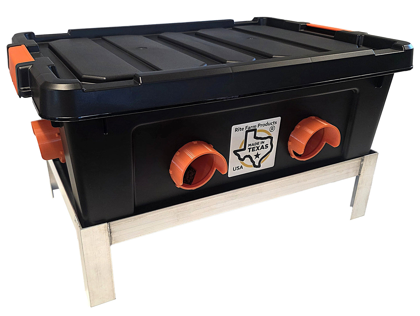 USA made 50lb capacity automatic chicken feeder with welded aluminum stand, suitable for poultry including chickens, ducks, geese, and pheasants.