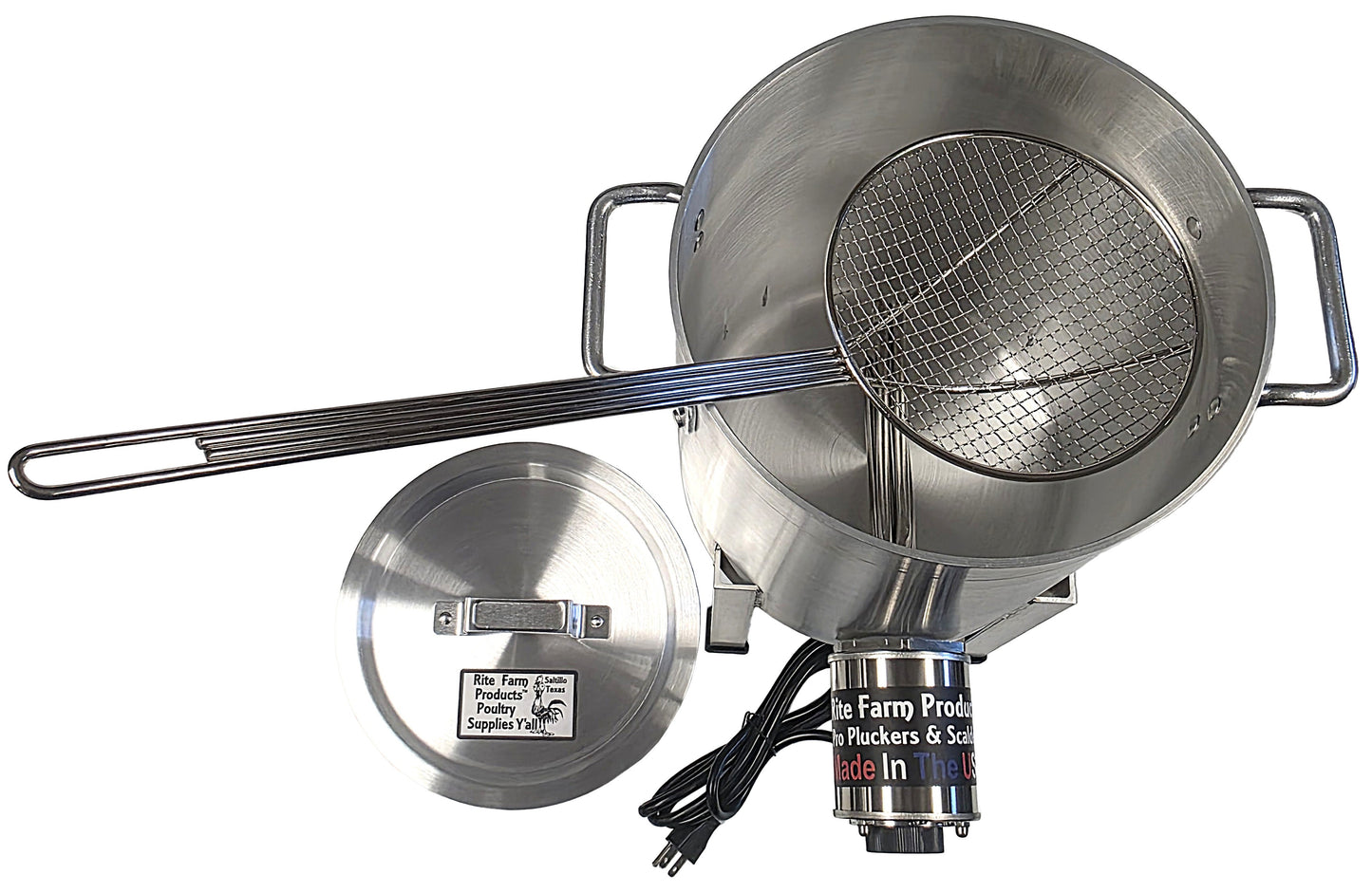 Pro USA Quail Plucker and 4-gallon 120V, 1,000W quail scalder for small bird processing, shown in a farm setting.